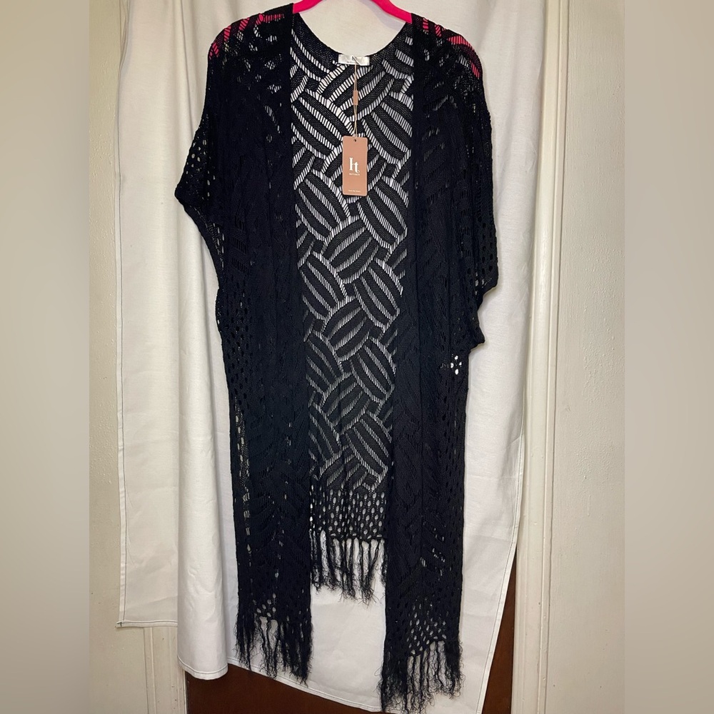 NWT Hotouch Black Lace Crochet Swim Fringe Coverup Size L